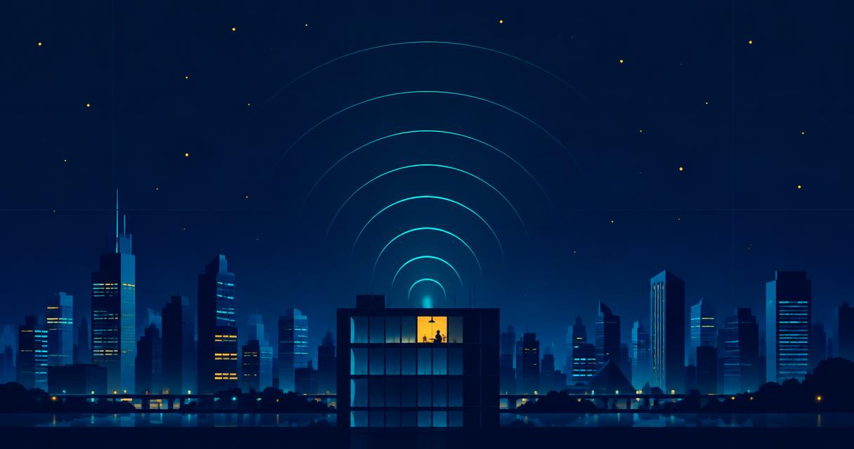 Nighttime city skyline with a single warmly lit office window and glowing teal soundwave rings rising into a dark navy, star-dotted sky
