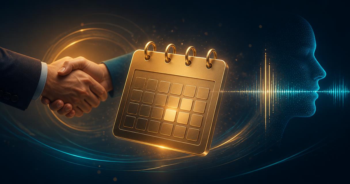 Glowing gold calendar floating in front of a human handshake and AI voice wave on a deep navy background