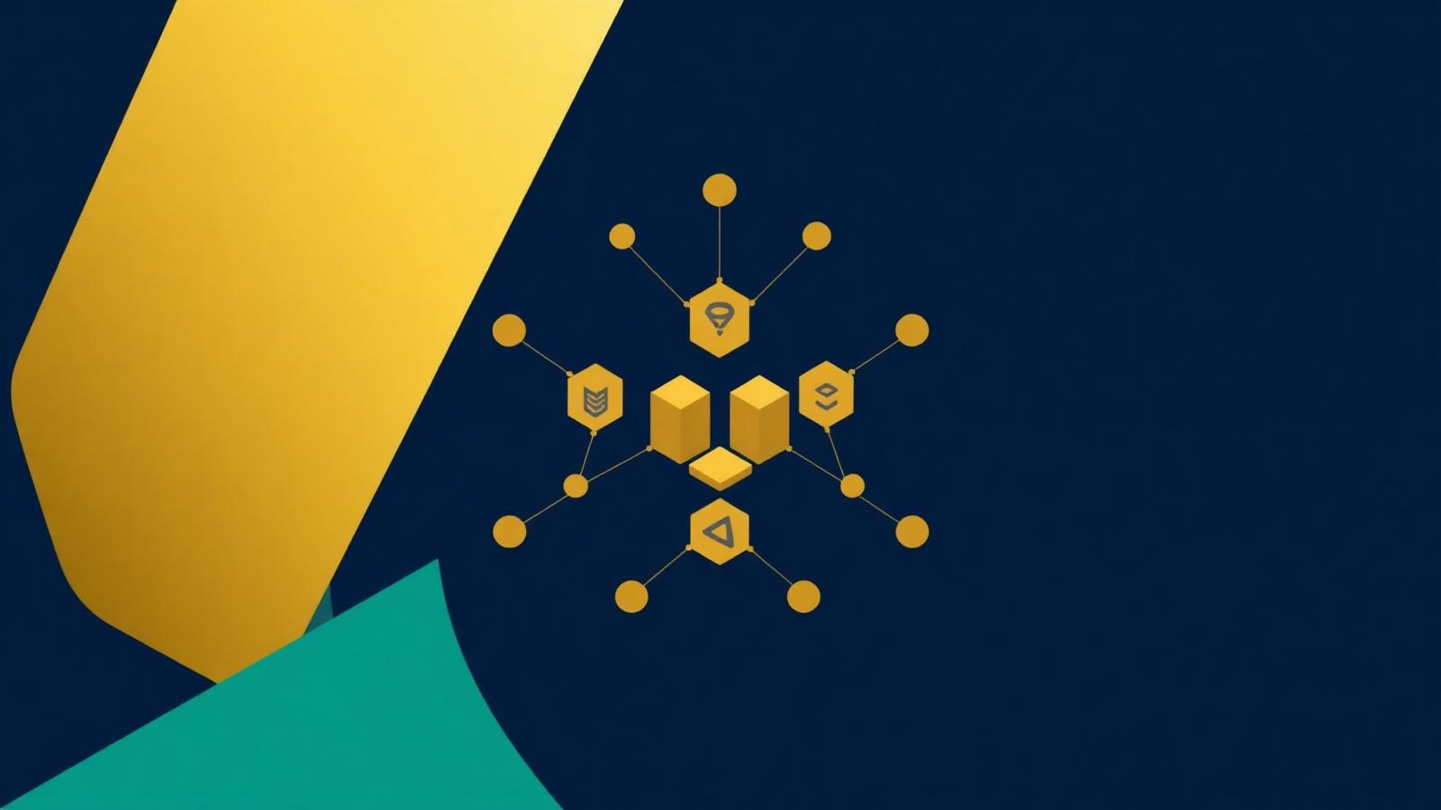 Abstract hexagonal nodes and building blocks forming a constellation representing an AI workforce