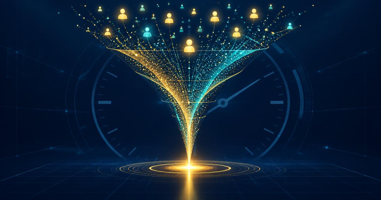 Glowing gold and teal funnel of light particles converging into a single bright point of contact on a deep navy background with a faint clock dial