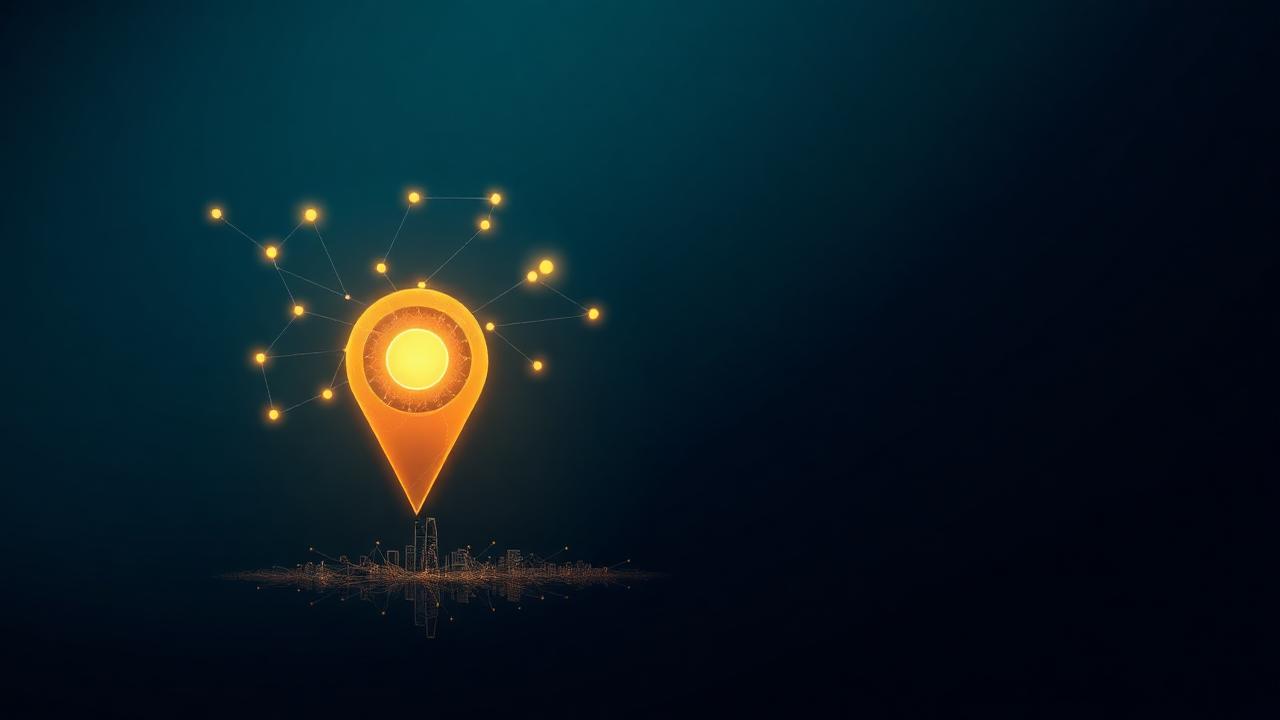 Glowing map pin merging with a neural constellation above a stylized Jacksonville skyline representing local SEO powered by AI