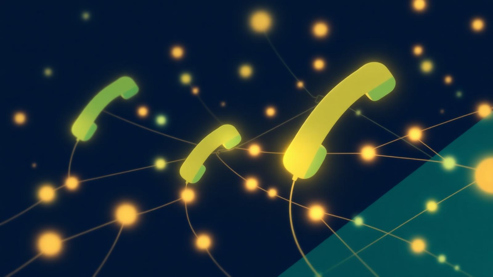 Abstract network of glowing telephone signals with warning markers representing carrier spam flagging